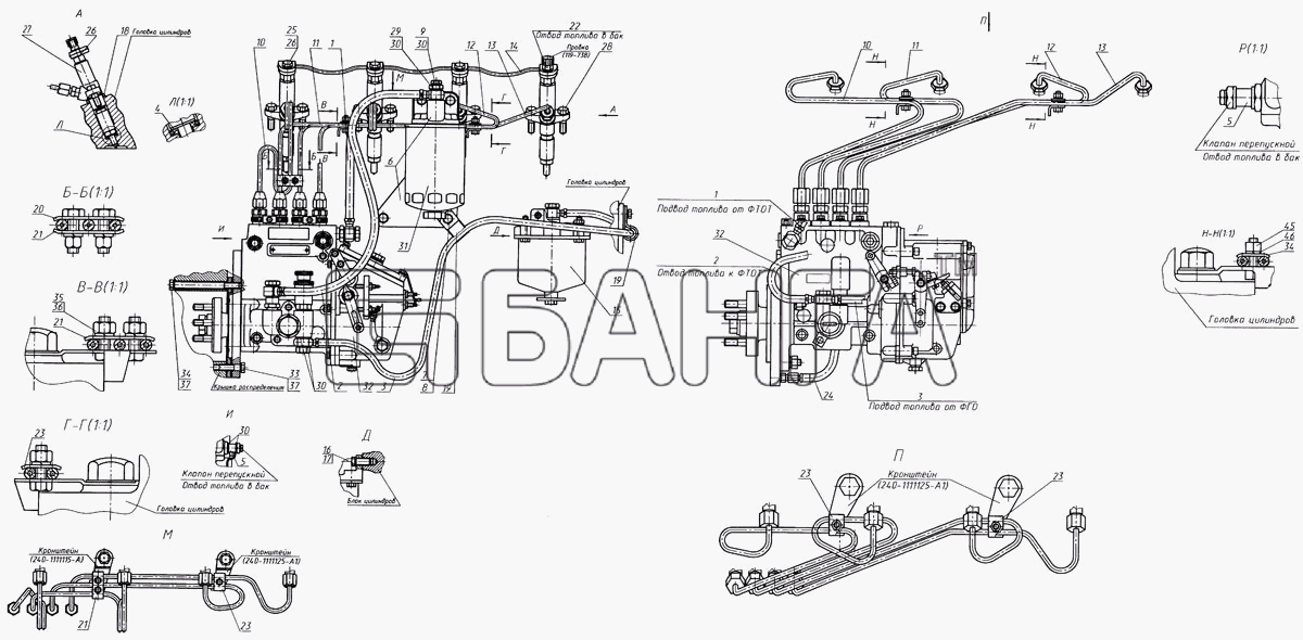 ММЗ Д-242С Схема Топливные трубопроводы и установка топливной banga.ua